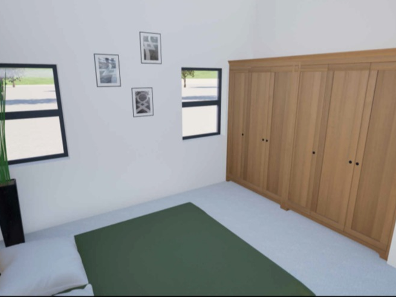 A bedroom featuring a large built-in wooden wardrobe and dual casement windows, presented as a digital architectural rendering.