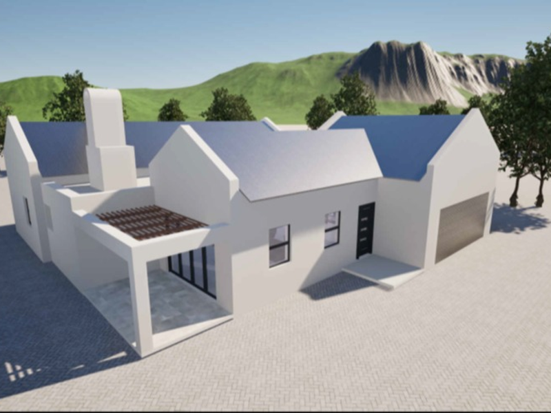 A 3D architectural render of a modern house featuring a pitched roof, integrated garage, and a covered patio area.