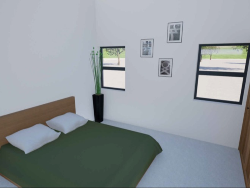A bedroom featuring a built-in wooden wardrobe and two windows providing natural light.