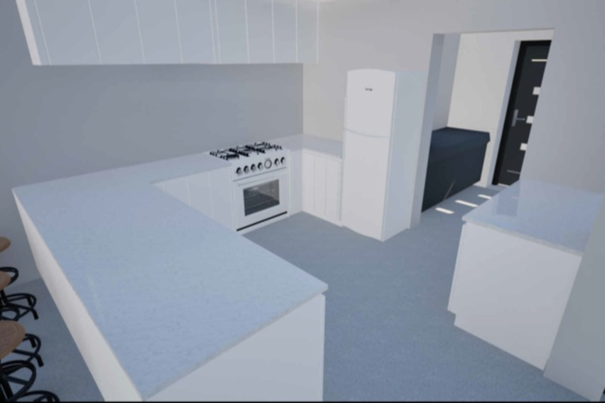 A modern, minimalist kitchen featuring a U-shaped layout with stone countertops, integrated gas stove, oven, and ample overhead cabinetry.