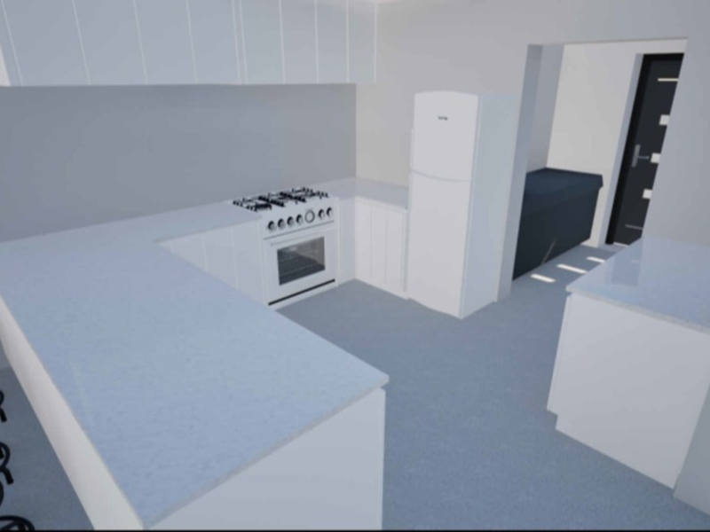 A modern, minimalist kitchen featuring a U-shaped layout with stone countertops, integrated gas stove, oven, and ample overhead cabinetry.