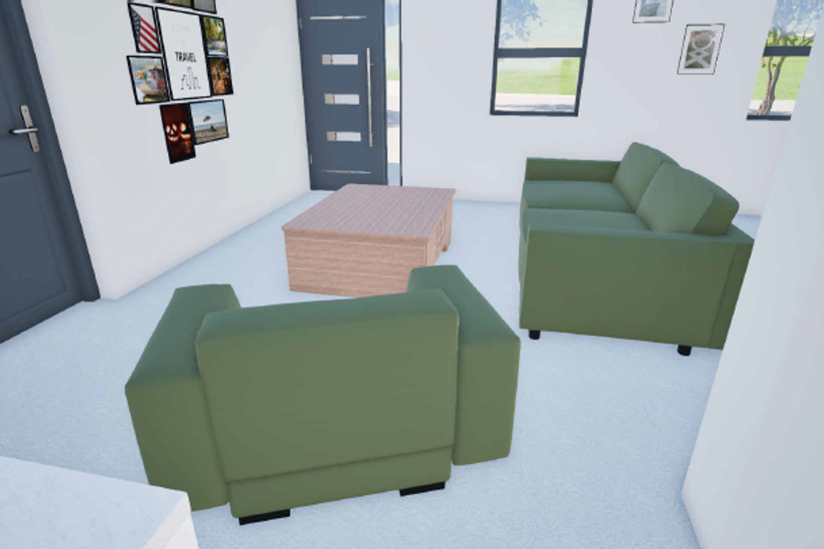 A bright living room area featuring modern interior doors and large windows, presented in a digital 3D rendered format.