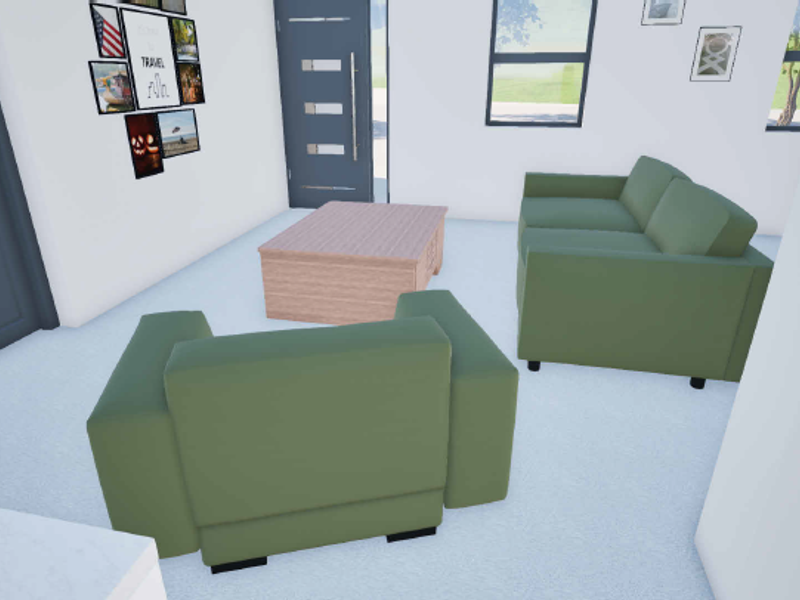 A bright living room area featuring modern interior doors and large windows, presented in a digital 3D rendered format.