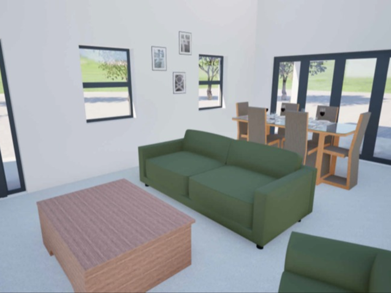 Open plan living and dining area featuring modern aluminium framed windows and sliding doors leading to the exterior.