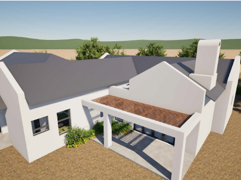 A 3D architectural rendering of a modern house exterior featuring a gabled roof, a timber pergola over a paved patio, and a prominent chimney.
