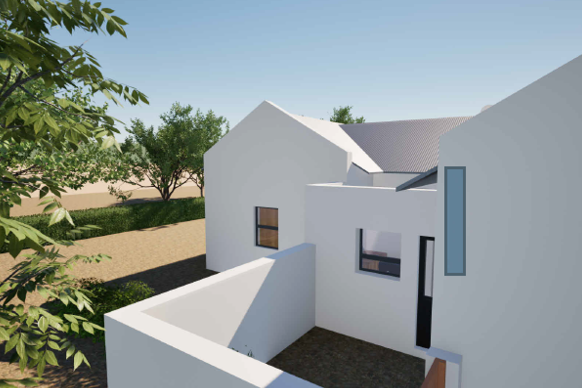 A 3D architectural render showing the rear exterior elevation of a modern house with a private courtyard and clean white facade.