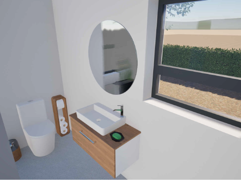 A modern bathroom featuring a wall-mounted vanity with a vessel sink, a round mirror, and a toilet, illuminated by a large window.