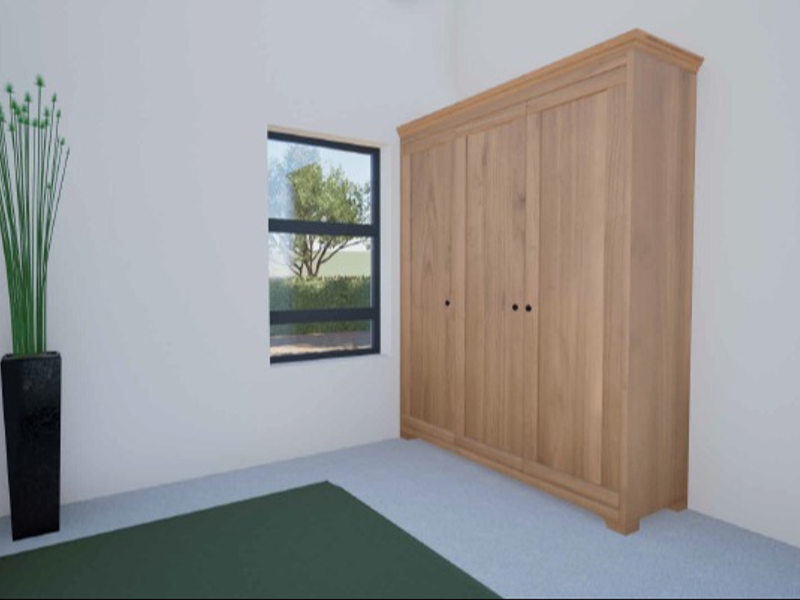 A bedroom featuring a built-in wooden wardrobe and a window with an aluminium frame.