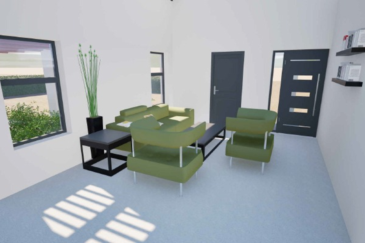 A bright, modern living room featuring clean lines, large windows, and a contemporary entrance door, presented as a 3D architectural visualization.