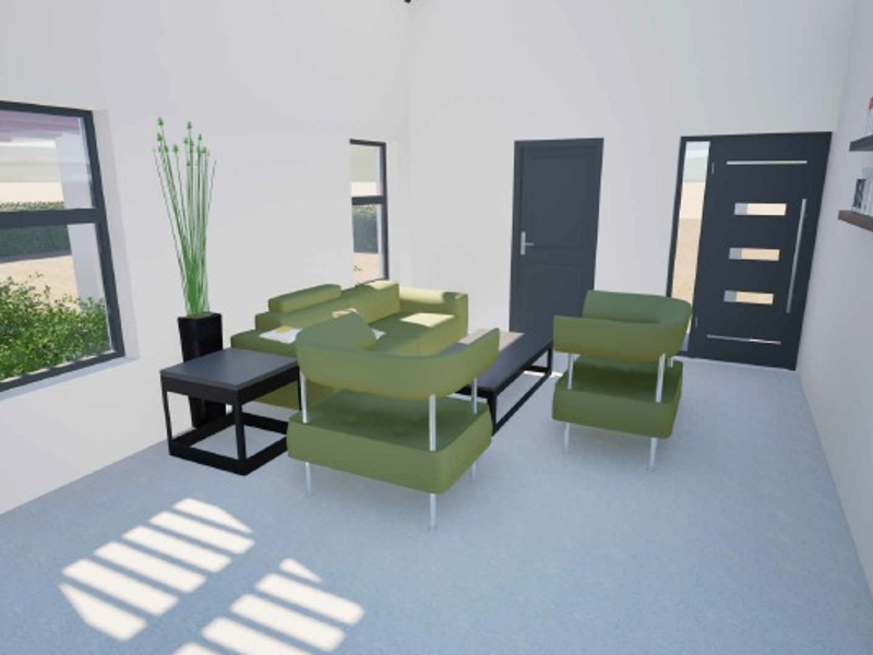 A bright, modern living room featuring clean lines, large windows, and a contemporary entrance door, presented as a 3D architectural visualization.