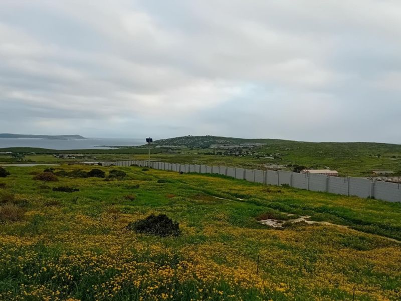 A scenic view of the vacant residential land featuring natural vegetation, a boundary wall, and distant coastal landscape.