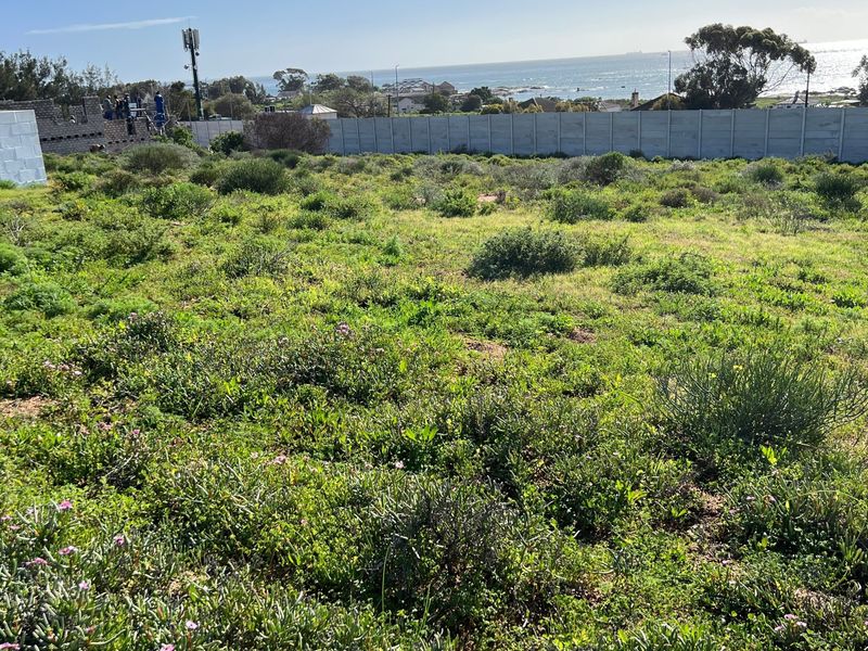 A vacant residential plot featuring natural vegetation, enclosed by a perimeter wall, with distant ocean views and a telecommunications mast visible.