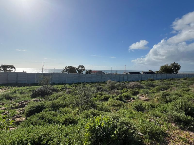 A vacant residential plot featuring natural vegetation and a precast concrete boundary wall, offering a view towards the distant coastline.