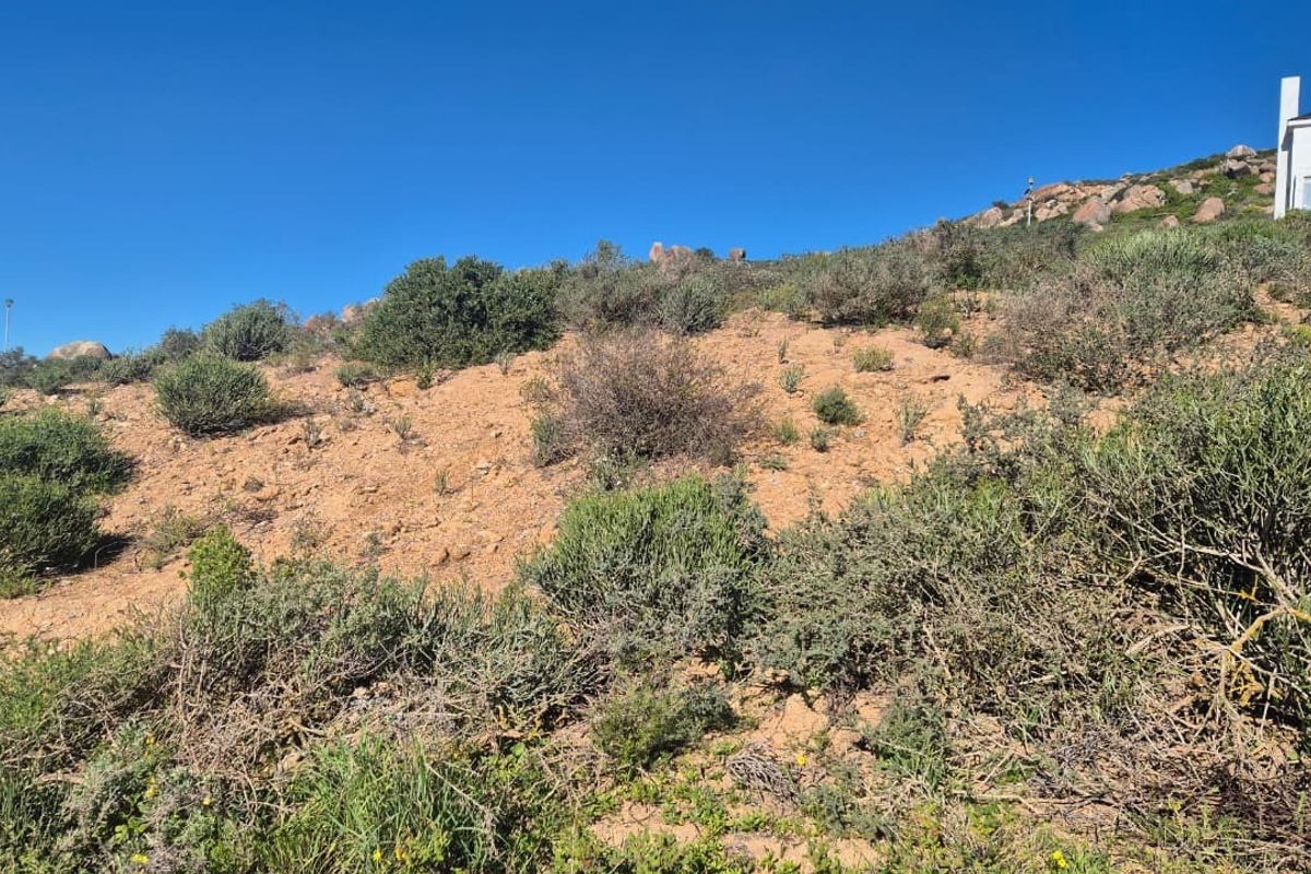 A view of a sloped, undeveloped residential plot featuring natural vegetation and rocky terrain under a clear blue sky.
