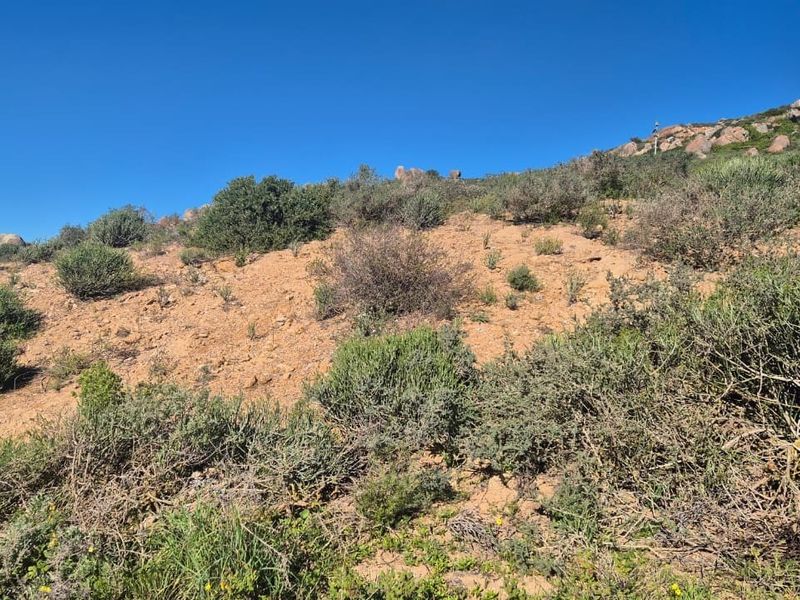 A view of a sloped, undeveloped residential plot featuring natural vegetation and rocky terrain under a clear blue sky.