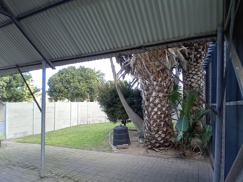 A covered outdoor patio area featuring paved flooring, steel support columns, and a corrugated metal roof, overlooking a private garden with mature palm trees.