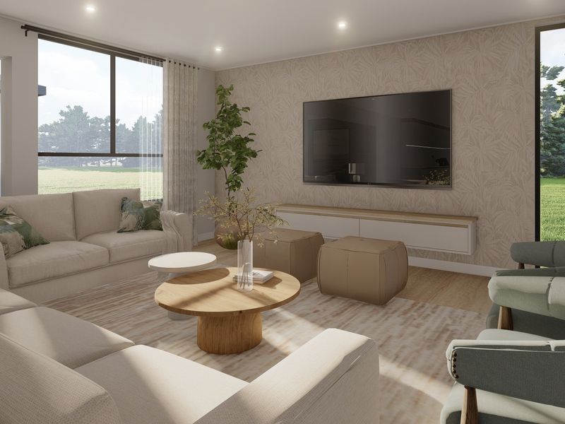 A modern, well-lit living room featuring large windows, a floating media console, and stylish patterned wallpaper, creating a bright and inviting atmosphere.