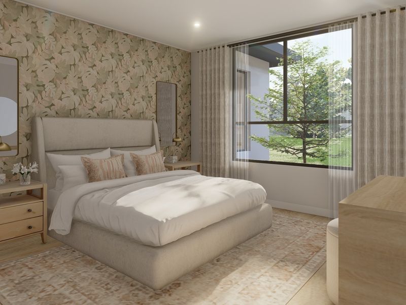 A well-lit bedroom featuring a large window with garden views, floral wallpaper accent wall, and modern recessed ceiling lighting.