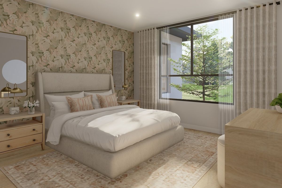 A well-lit bedroom featuring a large window with garden views, floral wallpaper accent wall, and modern recessed ceiling lighting.