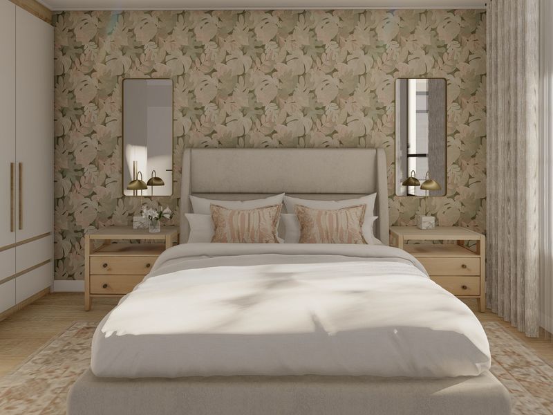 A well-appointed bedroom featuring a large built-in wardrobe, decorative floral wallpaper, and a spacious window allowing for natural light.