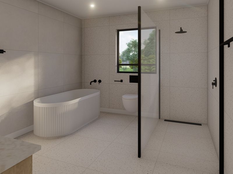 Modern bathroom featuring a freestanding fluted bathtub, walk-in shower with black matte fixtures, wall-mounted toilet, and contemporary terrazzo-style tiling.