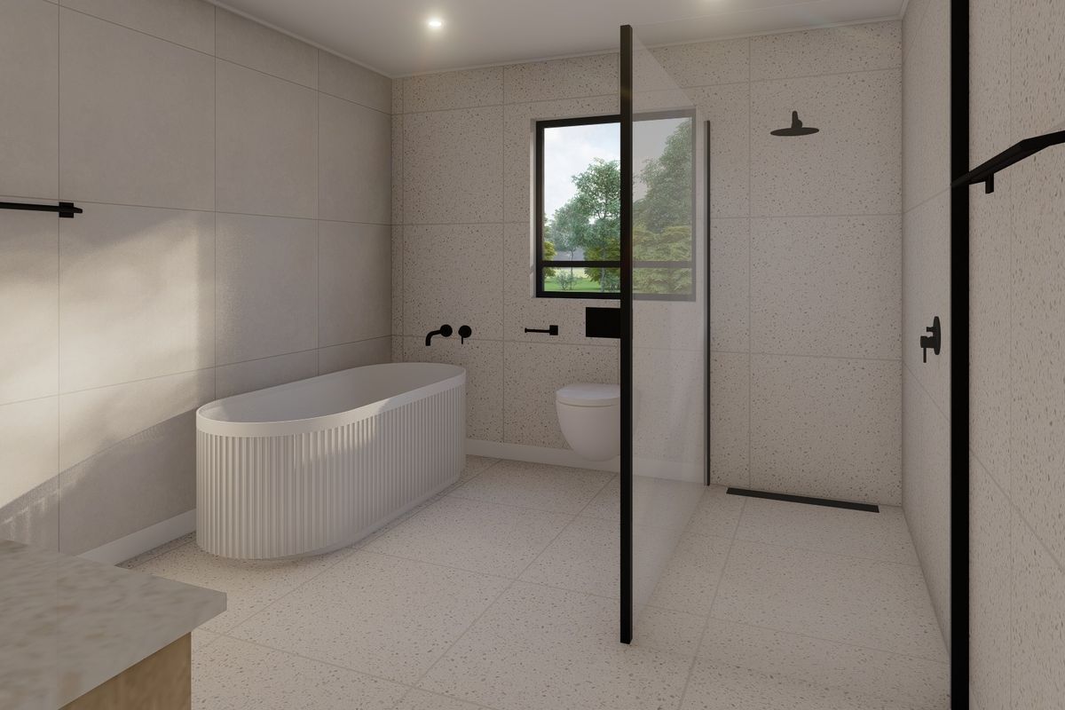 Modern bathroom featuring a freestanding fluted bathtub, walk-in shower with black matte fixtures, wall-mounted toilet, and contemporary terrazzo-style tiling.