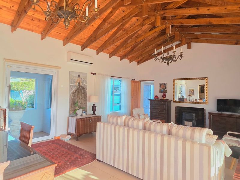Spacious open-plan living and dining area featuring a high exposed timber rafter ceiling, a fireplace, and direct access to an outdoor patio.
