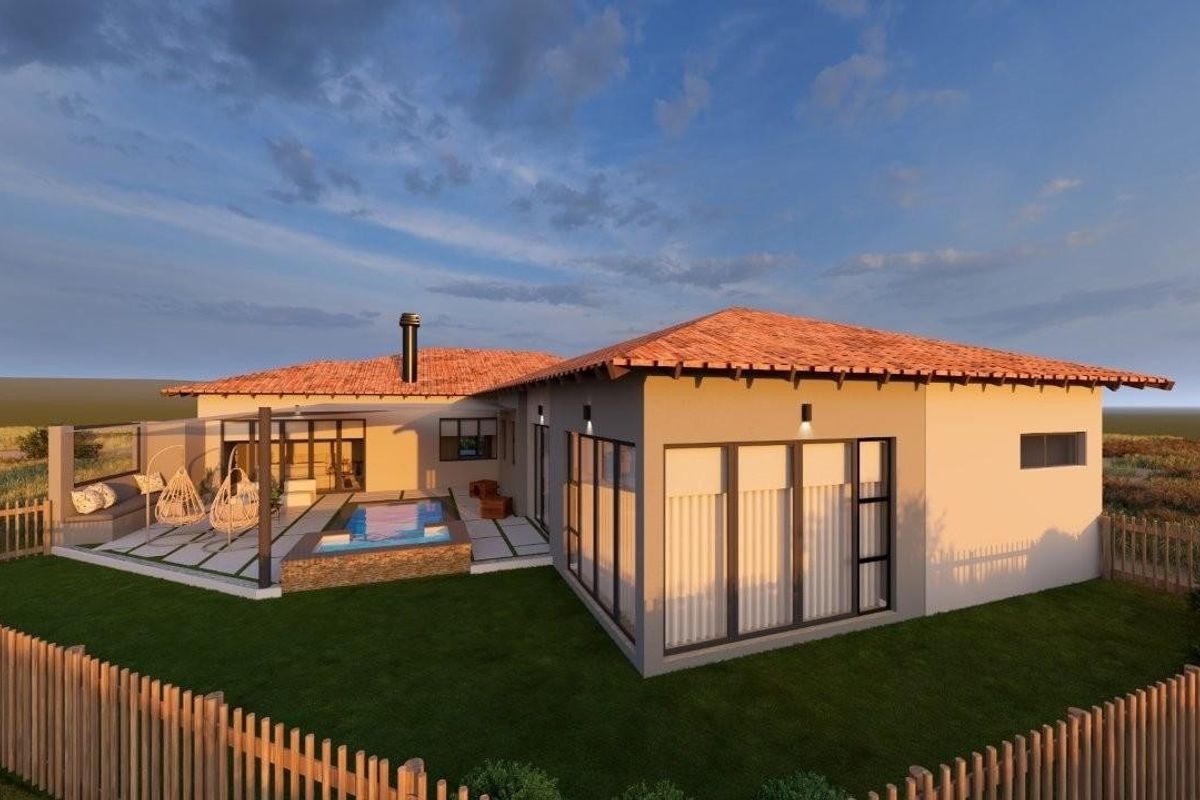 A rear exterior view of a modern house featuring a tiled roof, a swimming pool, a patio area, and large sliding glass doors.