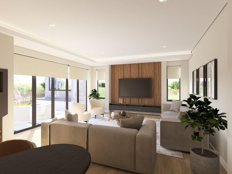 Modern living room featuring a wood panel feature wall, built-in fireplace, and large sliding glass doors providing access to the outdoor area.