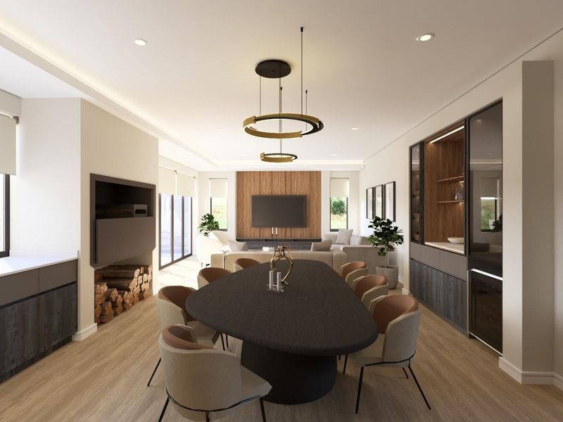Spacious open-plan living and dining area featuring a modern built-in fireplace, wood paneling, and high-end cabinetry with integrated lighting.