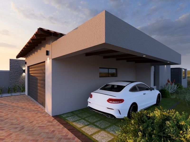 Modern residential exterior featuring a garage, covered carport, brick driveway, and stone cladding accents.