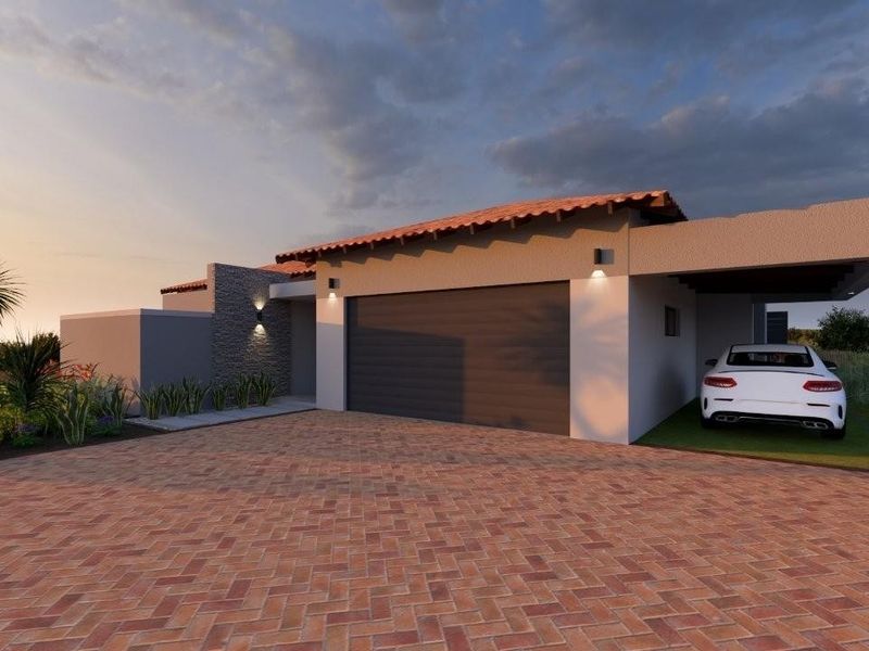Modern residential facade featuring a brick paved driveway, integrated garage, stone accent wall, and a covered carport area.