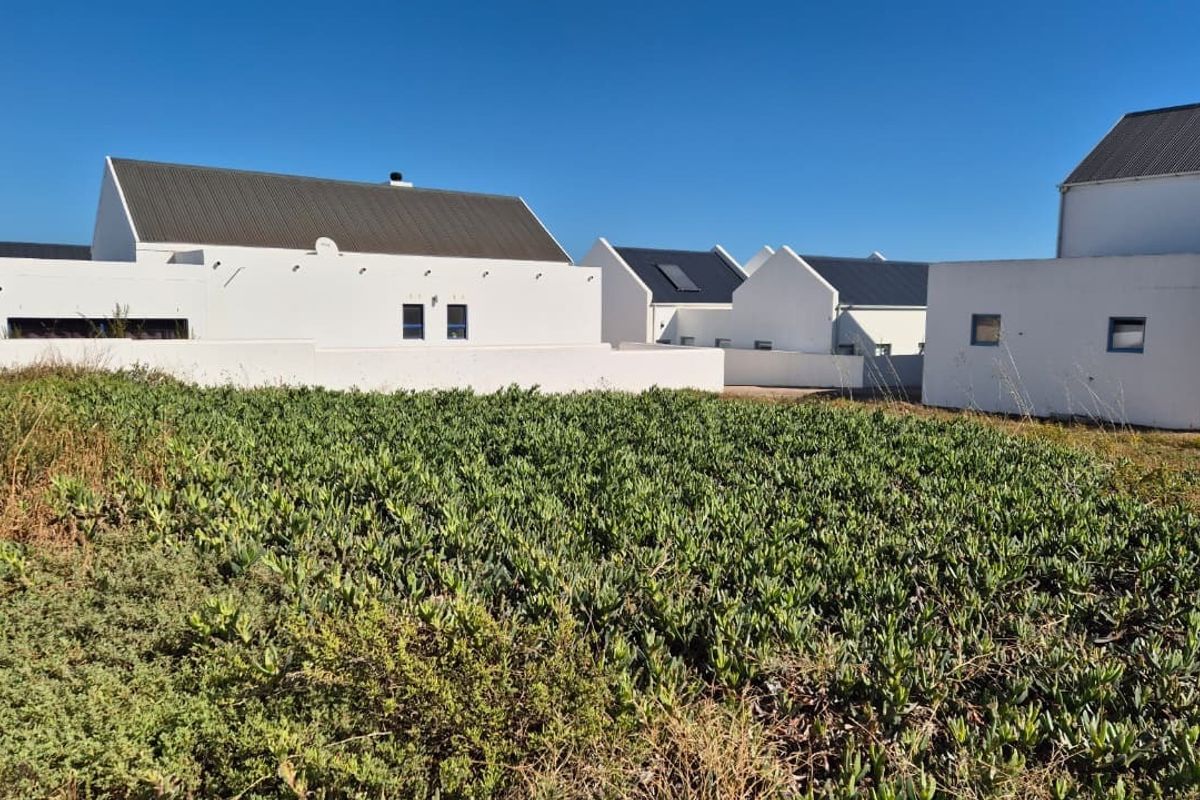 Rear view of modern white residential buildings with corrugated metal roofing and low boundary walls, set against a clear blue sky.