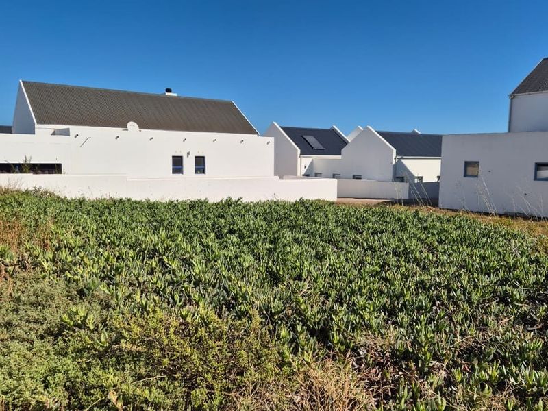 Rear view of modern white residential buildings with corrugated metal roofing and low boundary walls, set against a clear blue sky.
