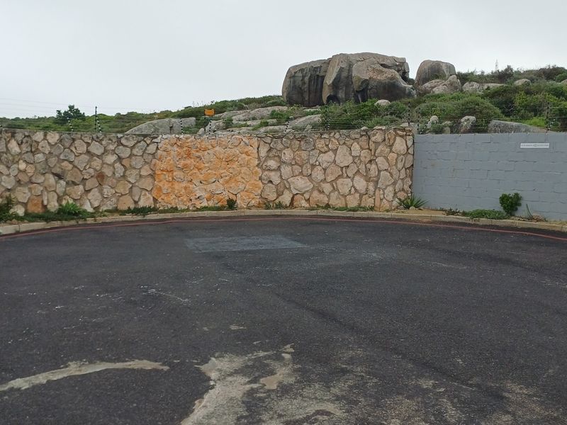 A paved driveway area featuring a stone boundary wall with integrated electric fencing and a natural rocky landscape backdrop.