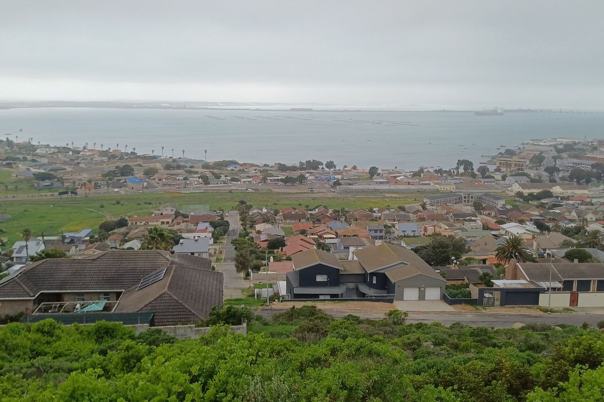 An elevated aerial view overlooking a residential neighborhood with a scenic coastal bay in the background under an overcast sky.