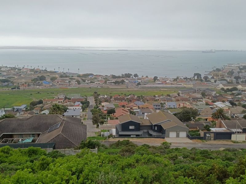An elevated aerial view overlooking a residential neighborhood with a scenic coastal bay in the background under an overcast sky.