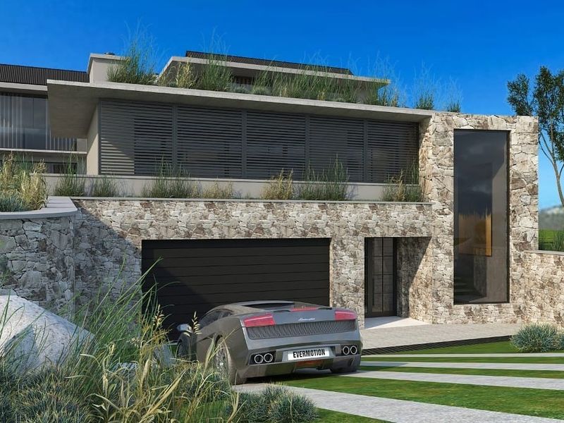 Modern architectural residence featuring natural stone cladding, a green roof, and integrated garage, set within a landscaped environment.