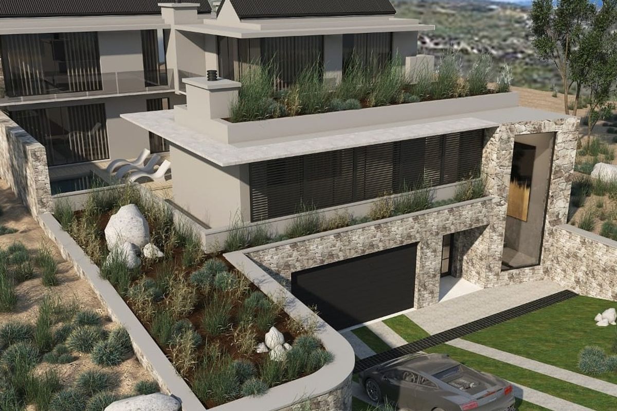 A modern architectural rendering of a multi-level residential property featuring stone cladding, integrated roof gardens, and a private driveway.
