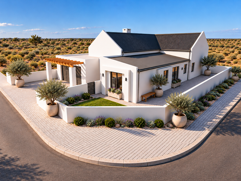 A modern, well-maintained corner property featuring a white facade, metal roof, timber pergola, and landscaped garden with paved driveway.