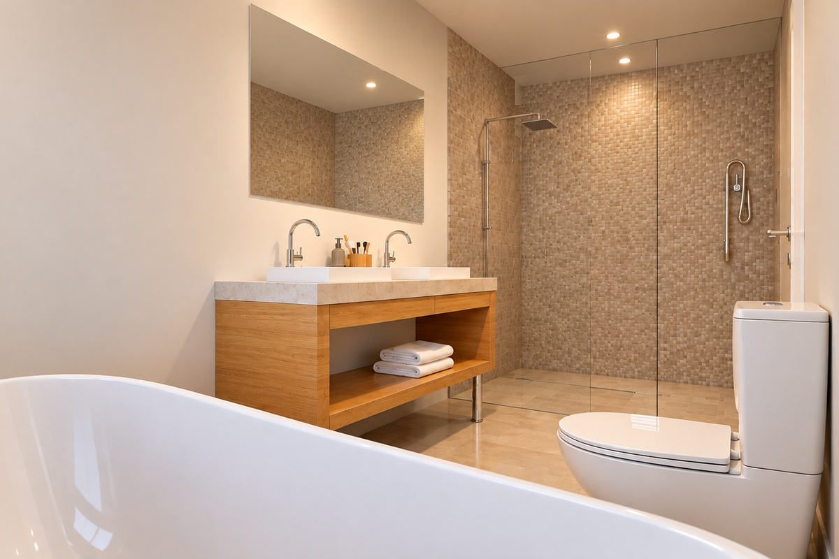 Modern bathroom featuring a freestanding bathtub, double vanity with wooden cabinetry, and a spacious walk-in shower with mosaic tile accents.