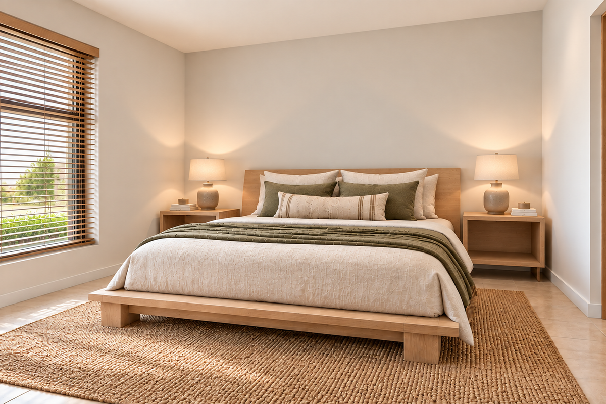 A well-lit, modern bedroom featuring neutral tones, tiled flooring, and a large window with timber-framed venetian blinds.