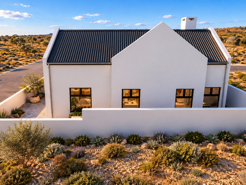 A modern, well-maintained house with a white facade, dark metal roof, and a landscaped garden, situated in a scenic, arid environment.