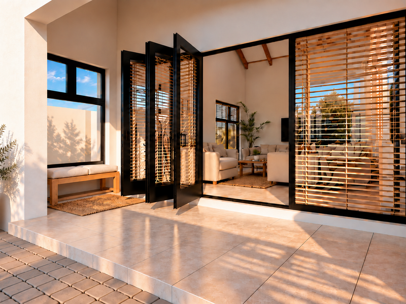 A modern covered patio featuring large bi-fold doors that open into the living area, tiled flooring, and a built-in fireplace.