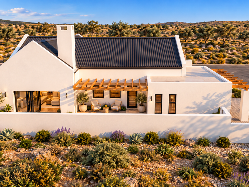 A modern, well-maintained residence featuring a corrugated metal roof, timber pergola, and a private courtyard with bi-fold doors, set in a landscaped desert environment.