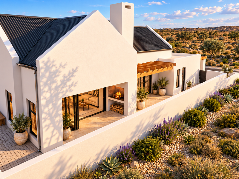 A modern rear elevation featuring a covered patio with a built-in fireplace, timber pergola, and stone paving, set within a landscaped desert-style garden.
