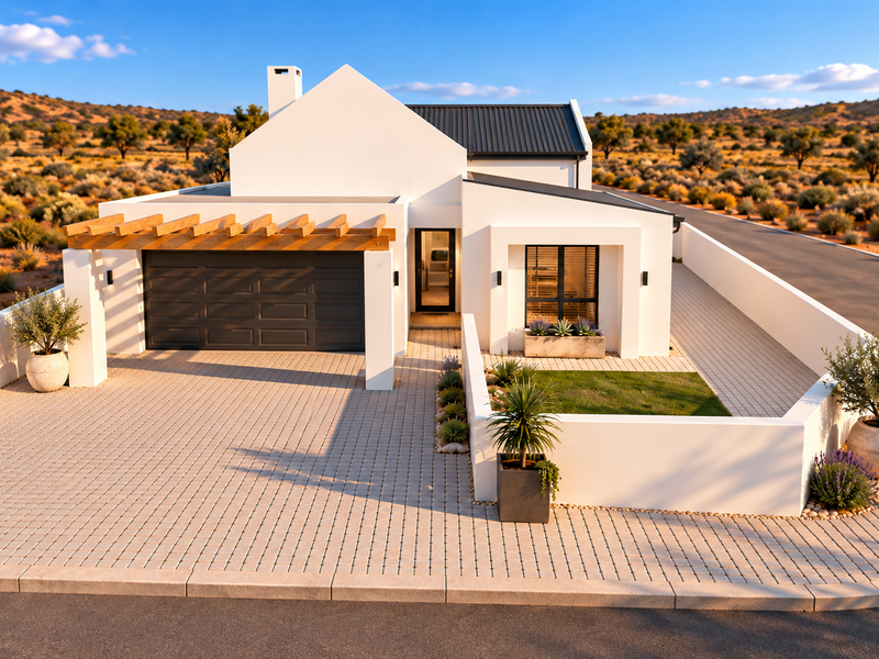 Modern single-story residence featuring a paved driveway, integrated garage with timber pergola, and clean architectural lines set within a landscaped desert environment.