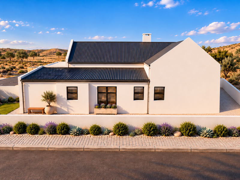 A modern, well-maintained single-story house featuring a corrugated metal roof, clean white exterior walls, and a landscaped perimeter garden.