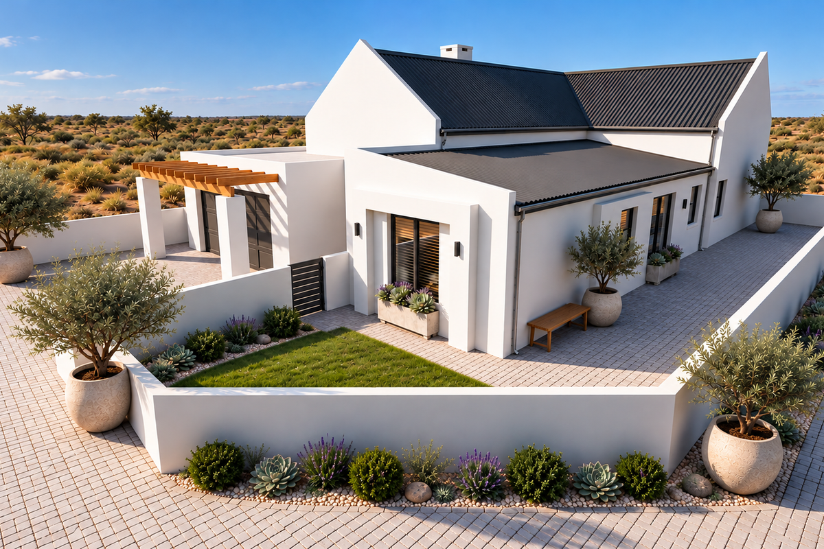 A modern, well-maintained home featuring a clean white facade, corrugated metal roof, and a neatly landscaped paved courtyard with a timber pergola.