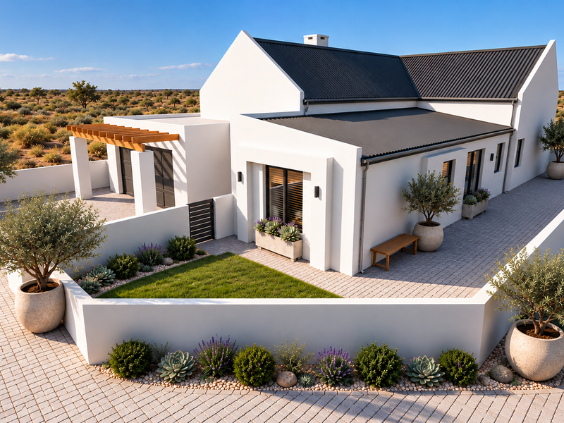 A modern, well-maintained home featuring a clean white facade, corrugated metal roof, and a neatly landscaped paved courtyard with a timber pergola.